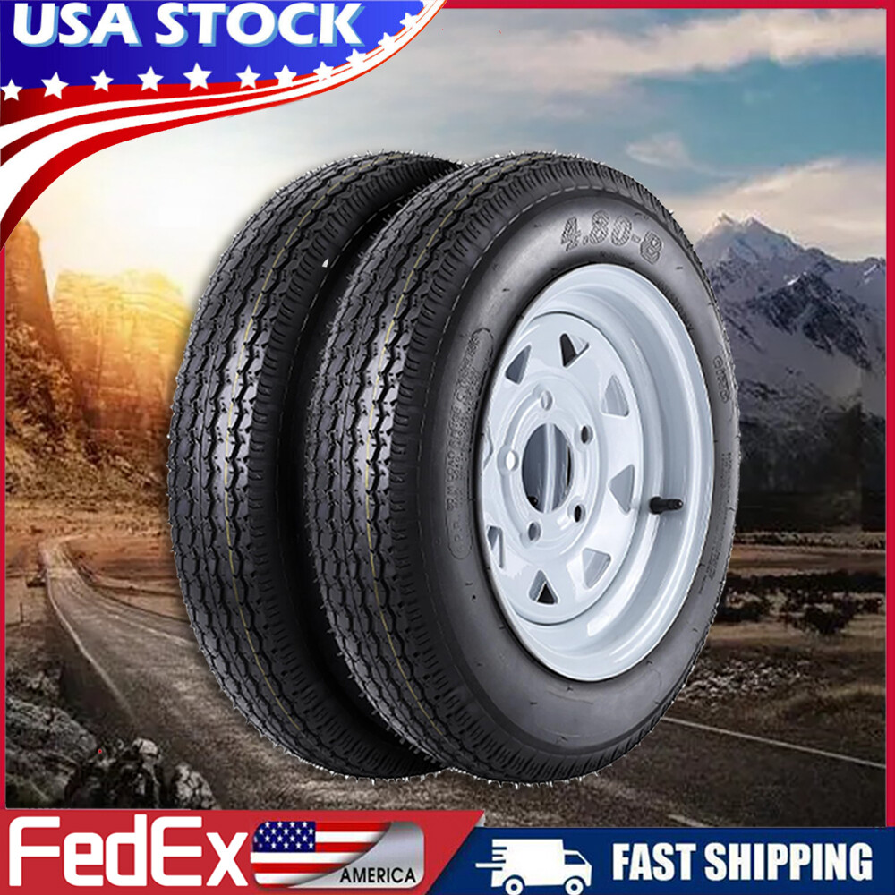 2Pack 4.80-8 Trailer Tires with Rims 4.80x8 480-8 5 Lug on 4.5" and White Wheels