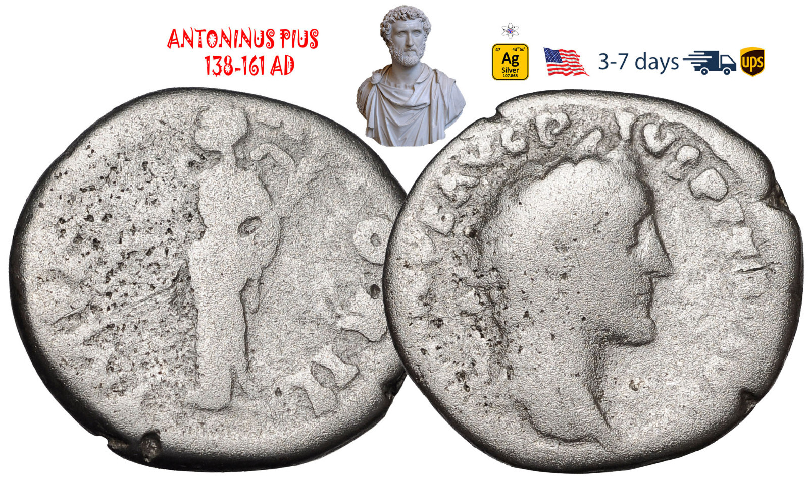 Ancient Roman Empire Coin Silver Denarius ANTONINUS PIUS 138-161 AD #31955