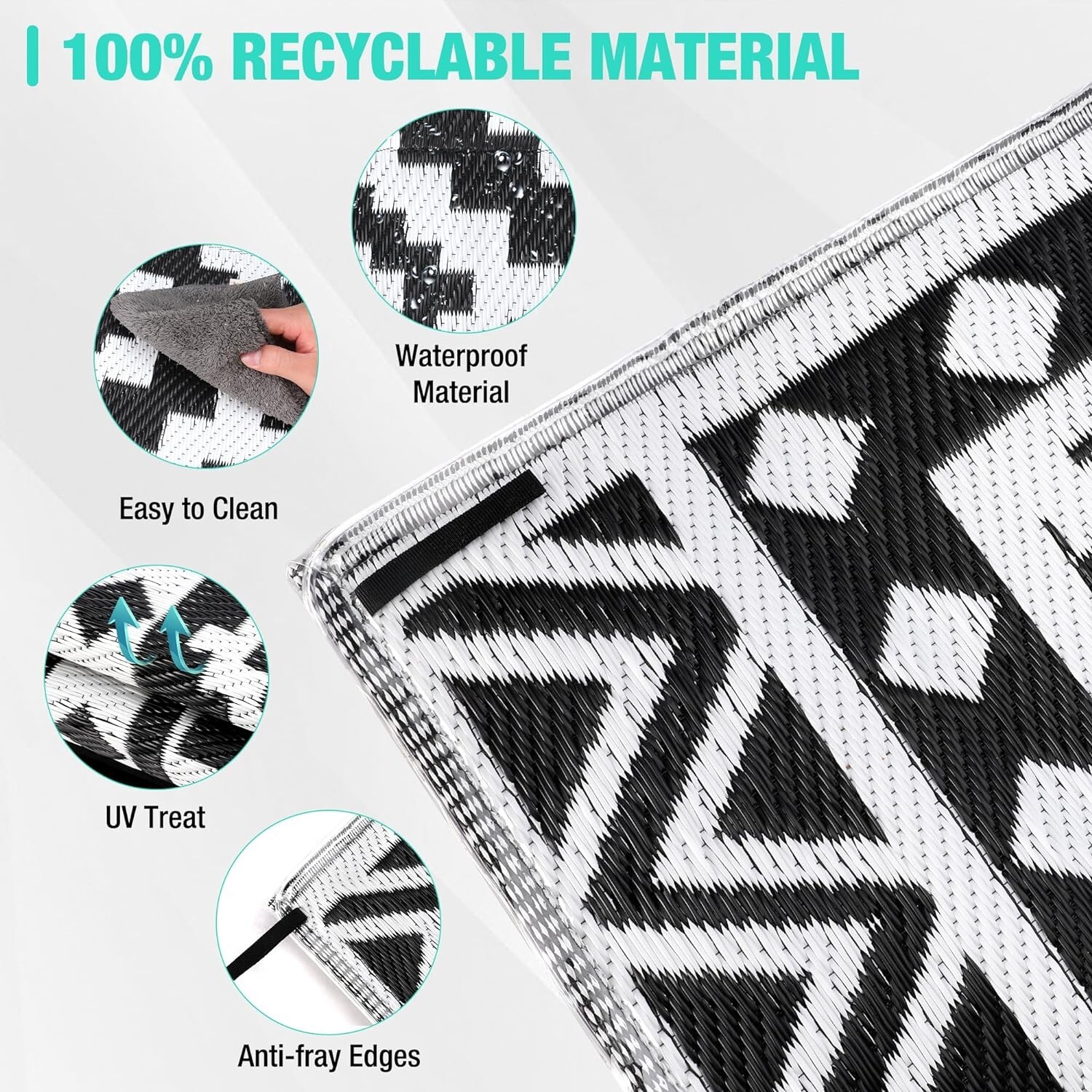 HAUSHOF 5'X8' Outdoor Rug Waterproof with LED Strip Light Black&White for Porch