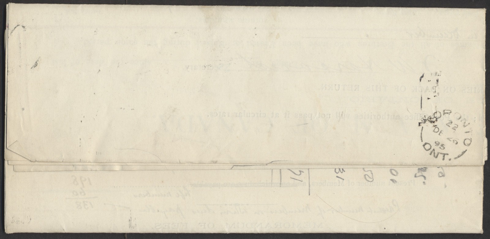 1895 1c Small Queen Circular Grand Lodge of Canada Hamilton Squared Circle