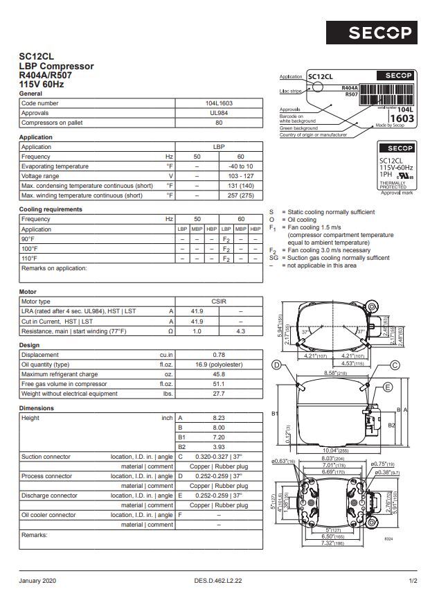SC12CL R404a Refrigeration Compressor 2382 BTU LBP 115V for True 842160 842513