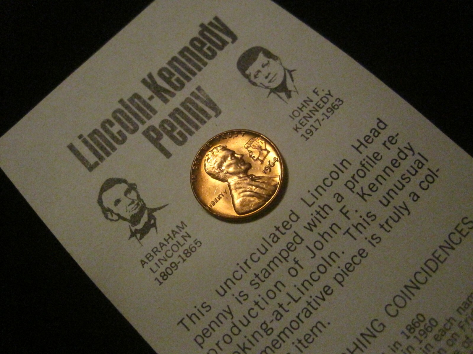 Red Unc 1964 Lincoln Kennedy Penny Astonishing Coincidences JFK Cent Card