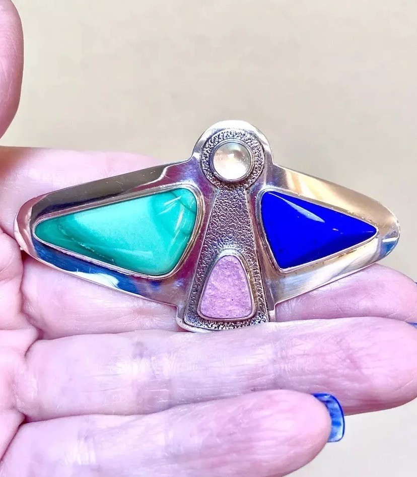 LOVELY Designer Signed Sterling Silver Lapis, Pink Druzy, Moonstone Angel Brooch