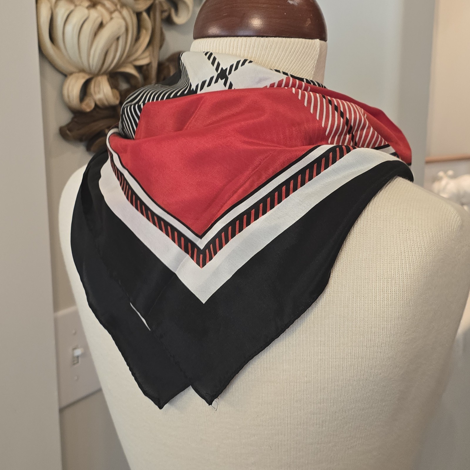 Vintage Bill Blass Scarf Silk Mod Red Black White Geometric 27x27.5 Inches