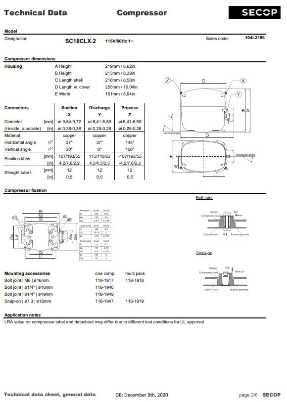 Secop SC18CLX-2 R404a Hermetic Refrigeration Compressor 3671 BTU LBP 115V 3/4HP