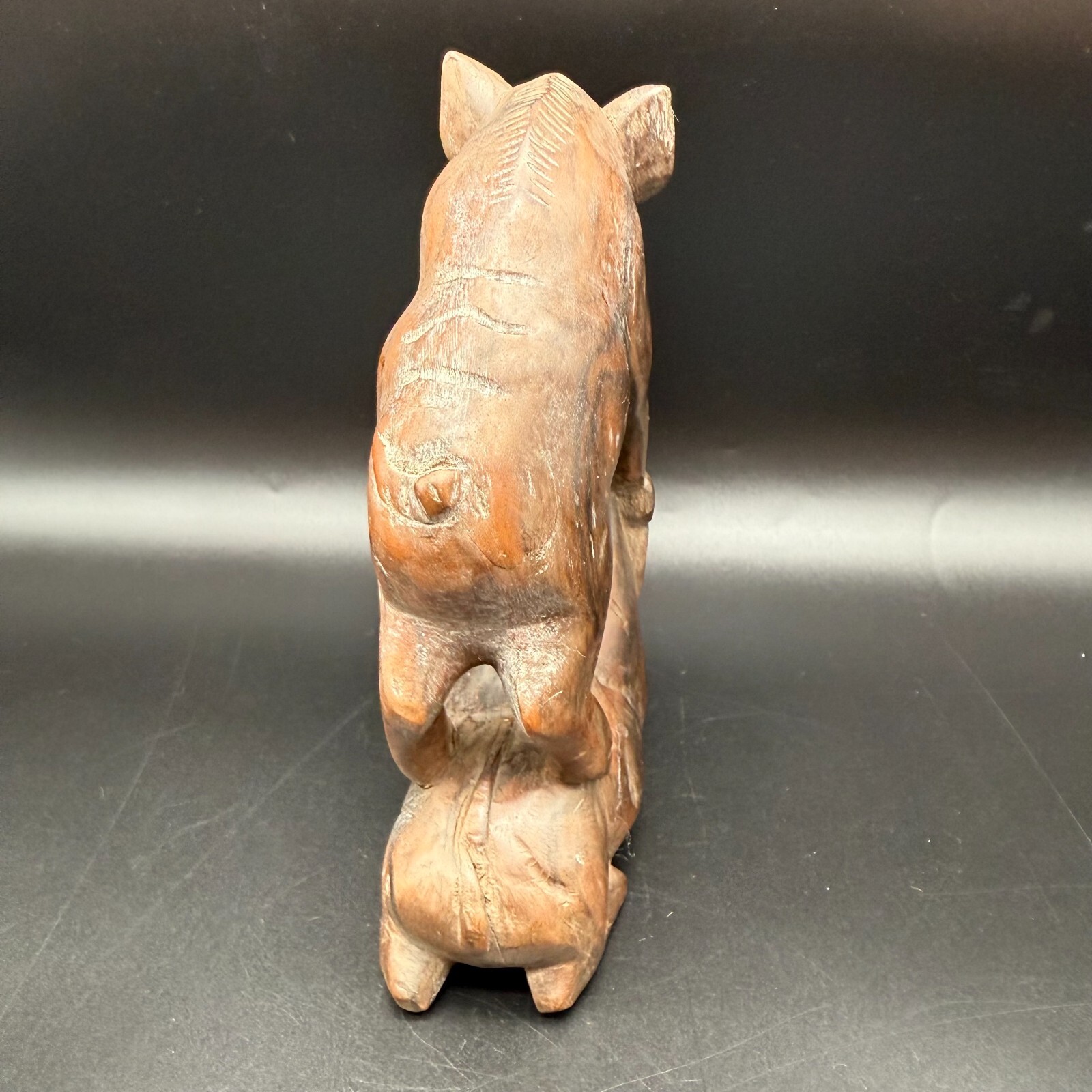 Vintage Hand-Carved Wood Animal Sculpture – Wild Boar Standing Over Lion – Triba
