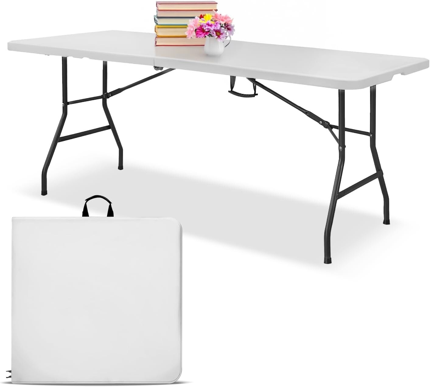 EconoHome White 8ft Folding Table with Handle | Heavy-Duty Foldable Table