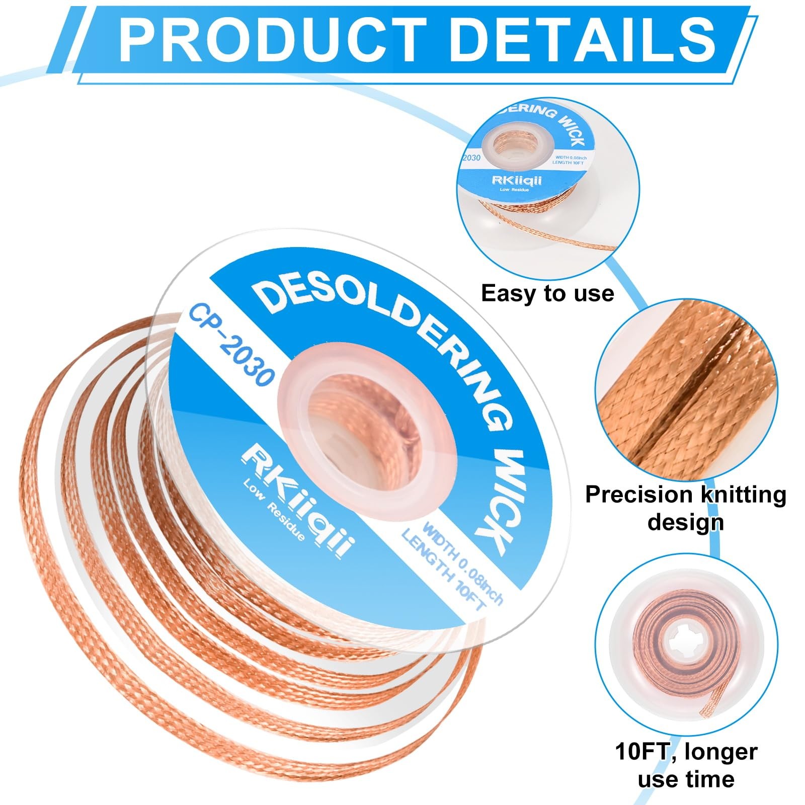 3Pcs Solder Wick Braid Kit with Flux, Low Residue Desoldering Wire 10ft Each