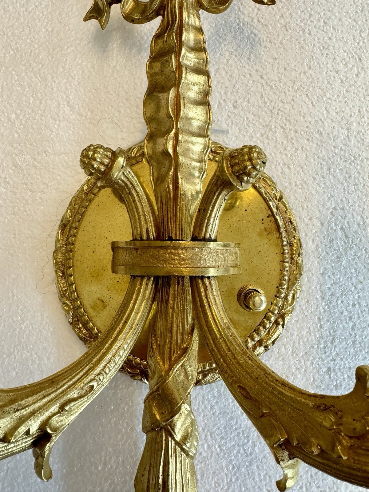 PAIR Antique French Gilt Brass Rope Bow Tassels Wall Sconce Candelabras A1