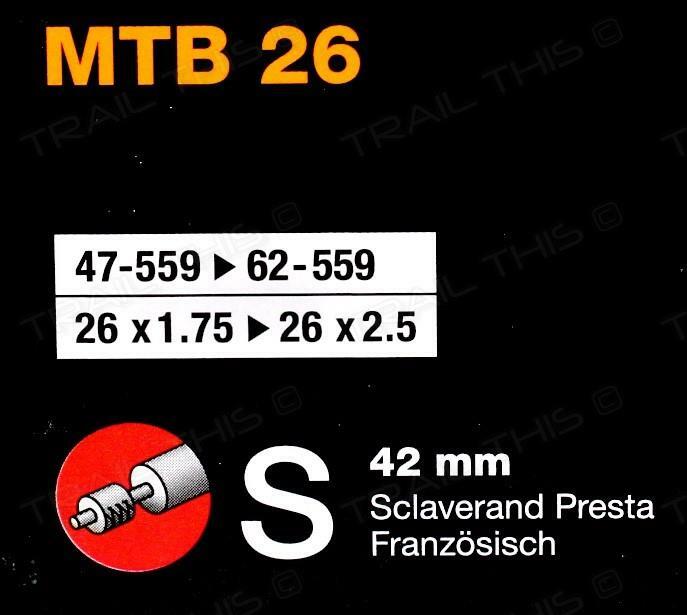 Two (2) Pack Continental 26 x 1.75 - 2.5 42mm RVC Presta MTB Bicycle Inner Tubes