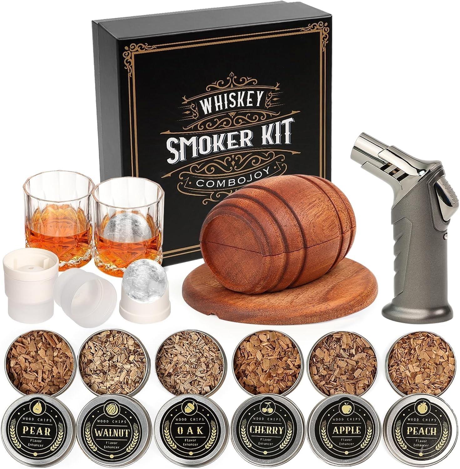 Whiskey Smoker Kit with Torch - 6 Flavors Wood Chips, 2 Glasses, 2 Ice Ball Mold