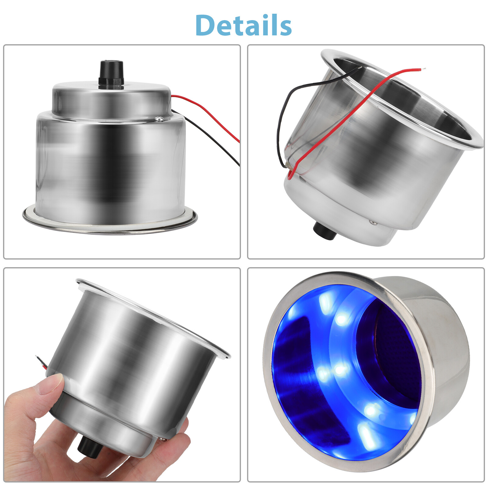 2PCS Stainless Steel 8 LED Cup Drink Holder Blue Light Marine Boat Truck Camper