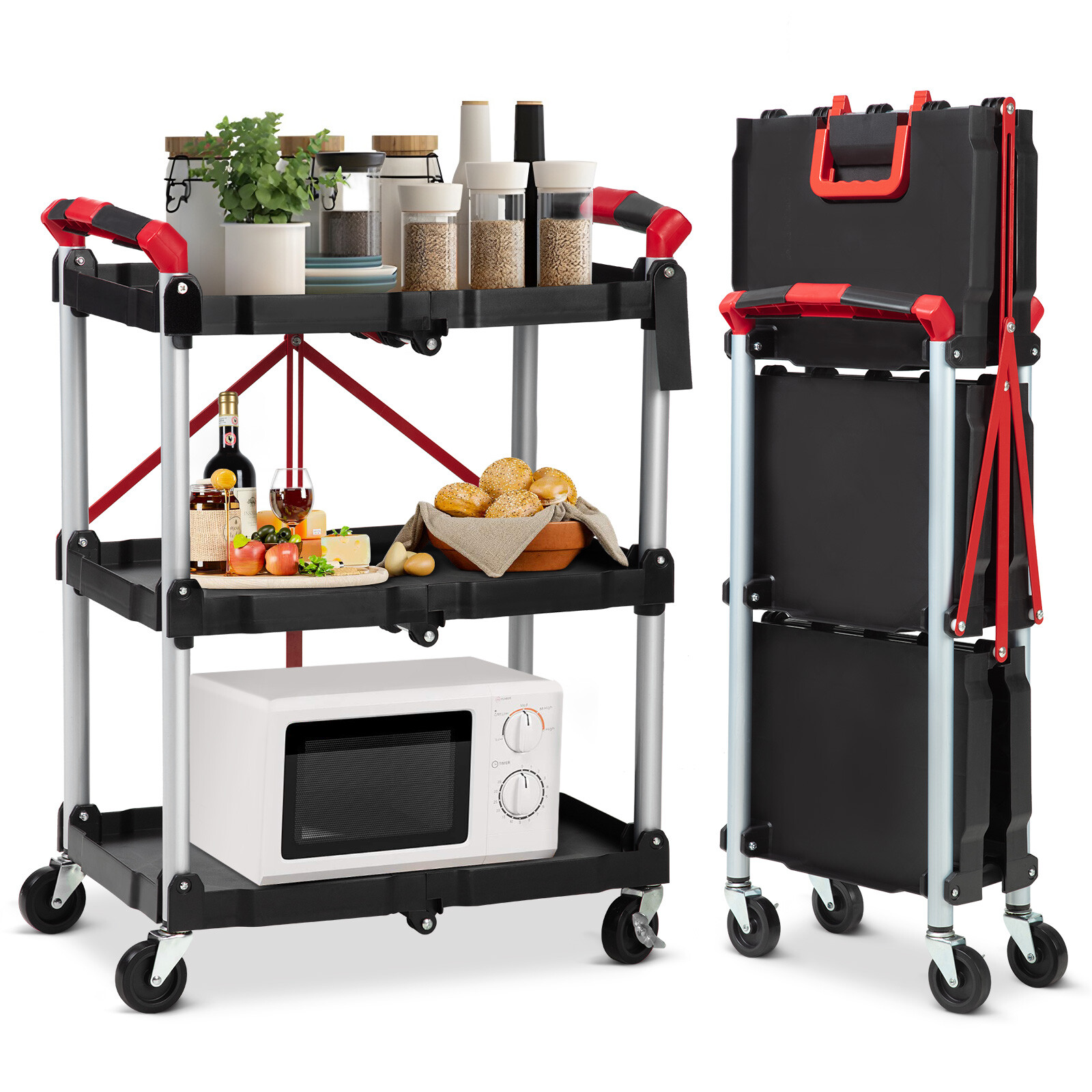 3-Tier Folding Utility Cart with Wheels - Portable Folding Service Cart w/Handle