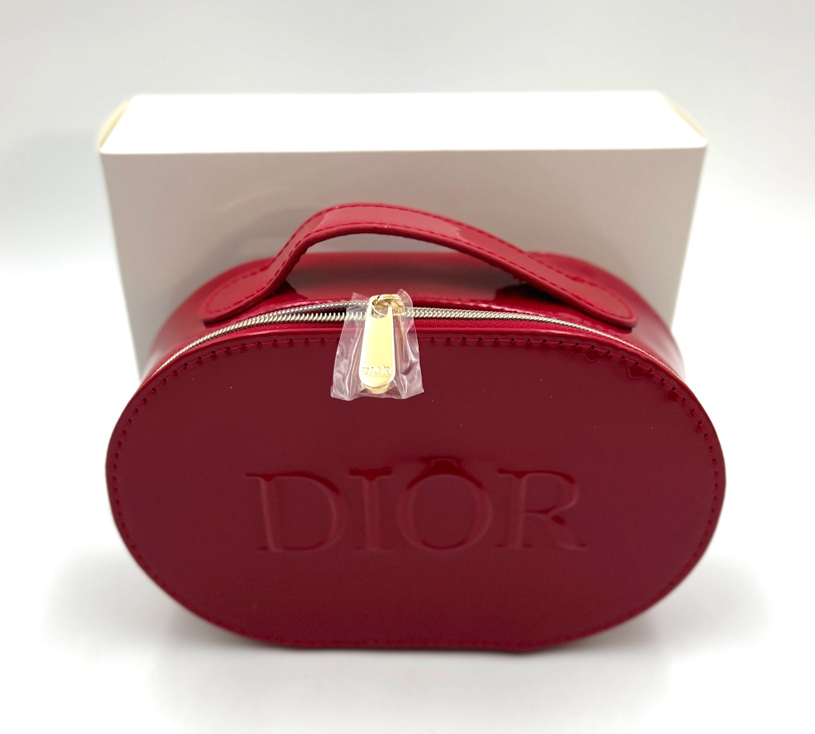 Christian Dior Patent Cosmetic Makeup Zipper Bag with Handle ~ Red