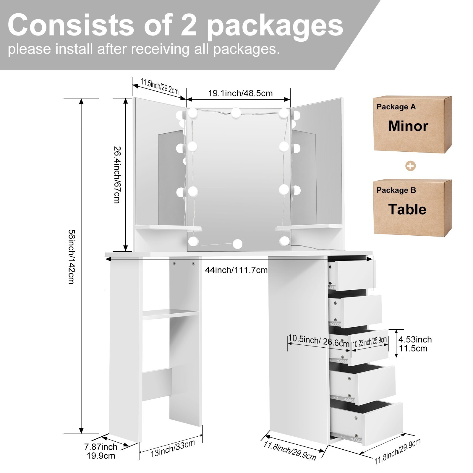 Corner Makeup Vanity Desk Bedroom Vanity Table with Lighted Mirror Girls Vanity~
