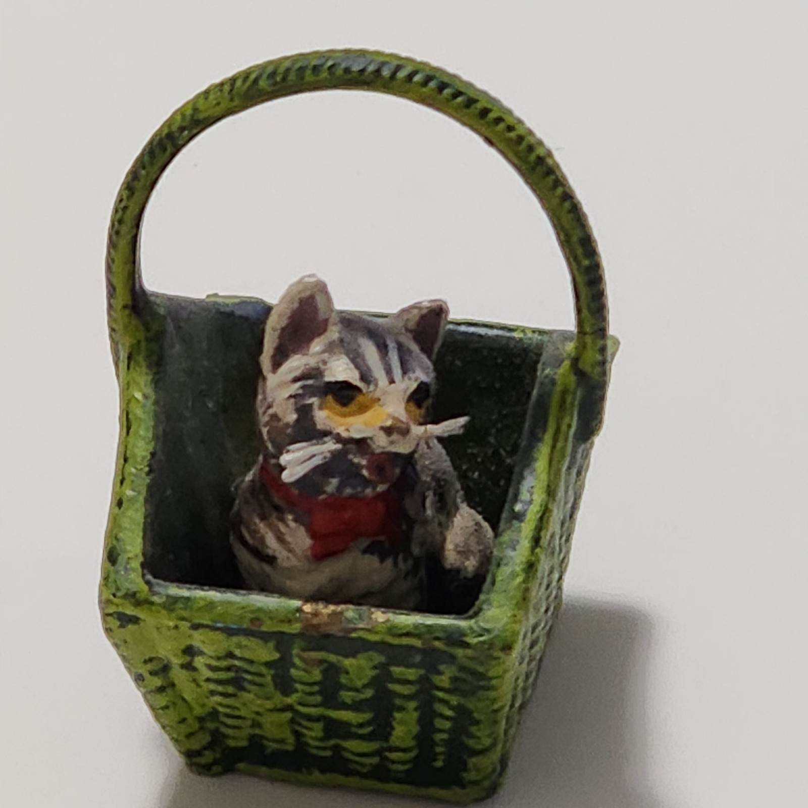 Bermann Vienna Bronze Cold Painted Kitten in Green Basket Figurine