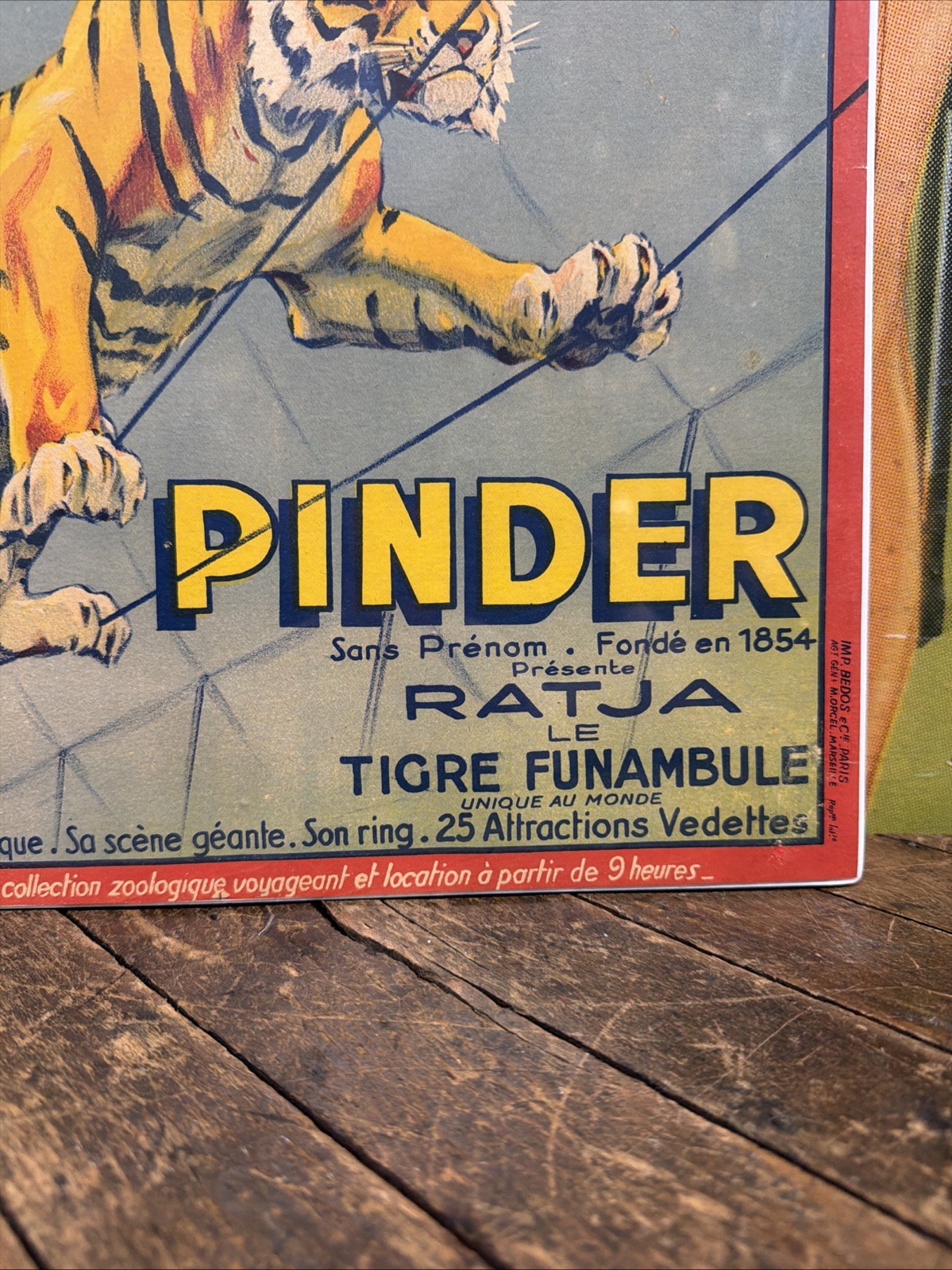 ANTIQUE 1922 PINDER RATJA TIGER TIGHTROPE WALKER CIRCUS POSTER SIGN CARNIVAL ZOO