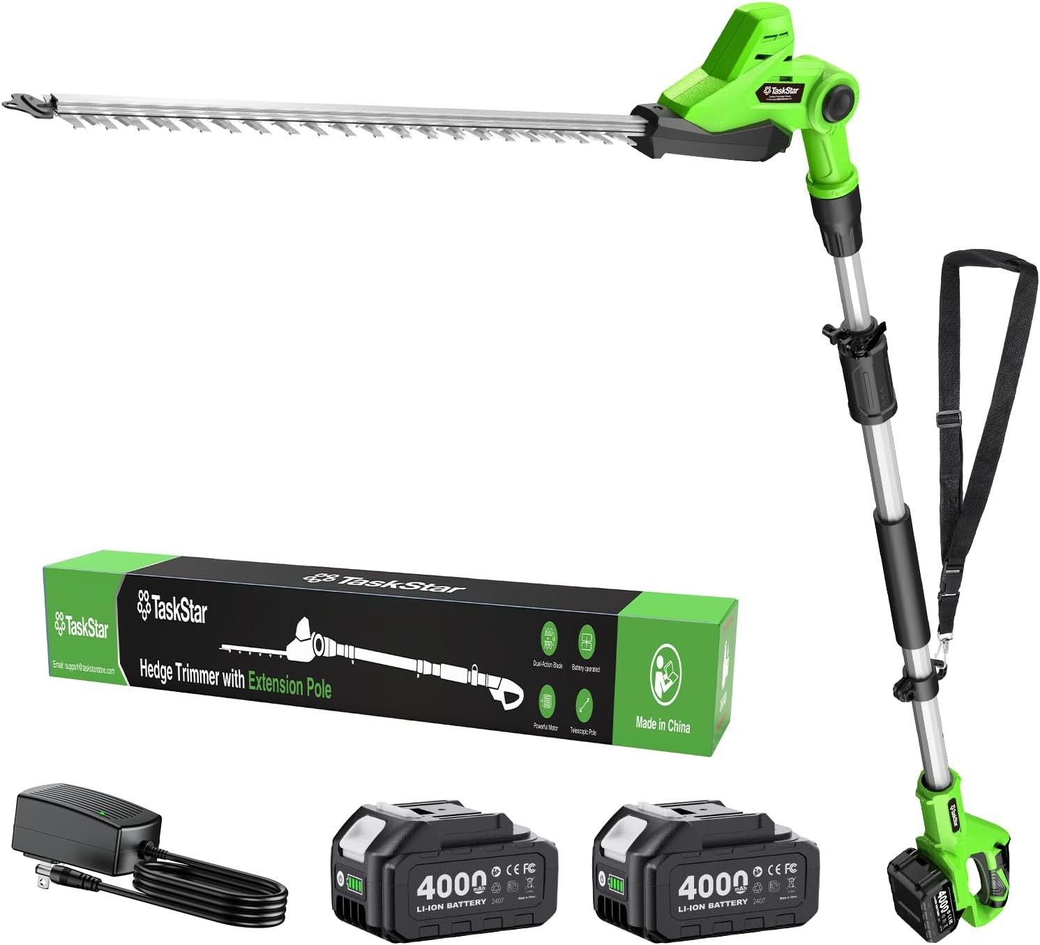 Taskstar Cordless Pole Hedge Trimmer 20" 8FT Pole 2x4000mah Dual-Action Blade