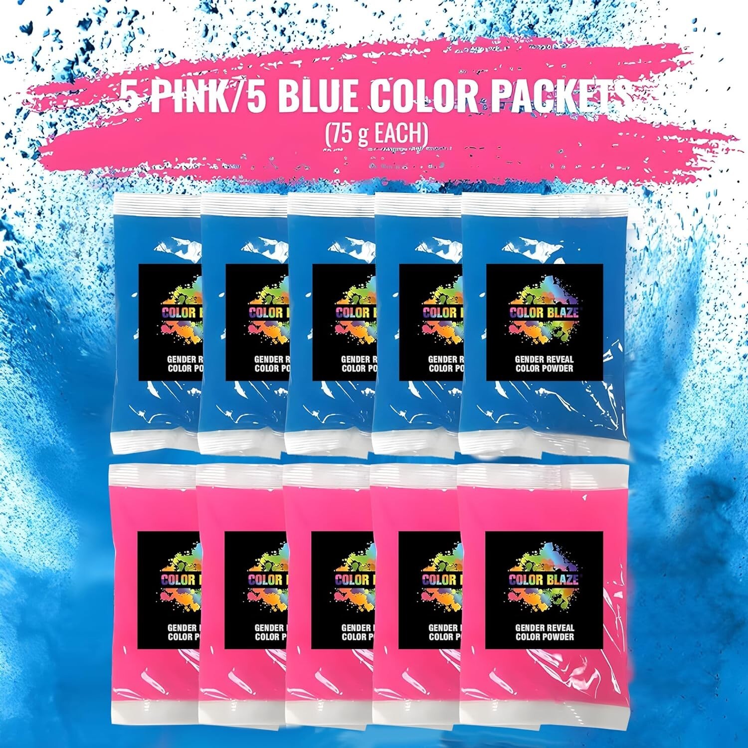 Color Blaze Gender Reveal Powder 75g Packets - Set of 10 (5 Pink / 5 Blue) Baby