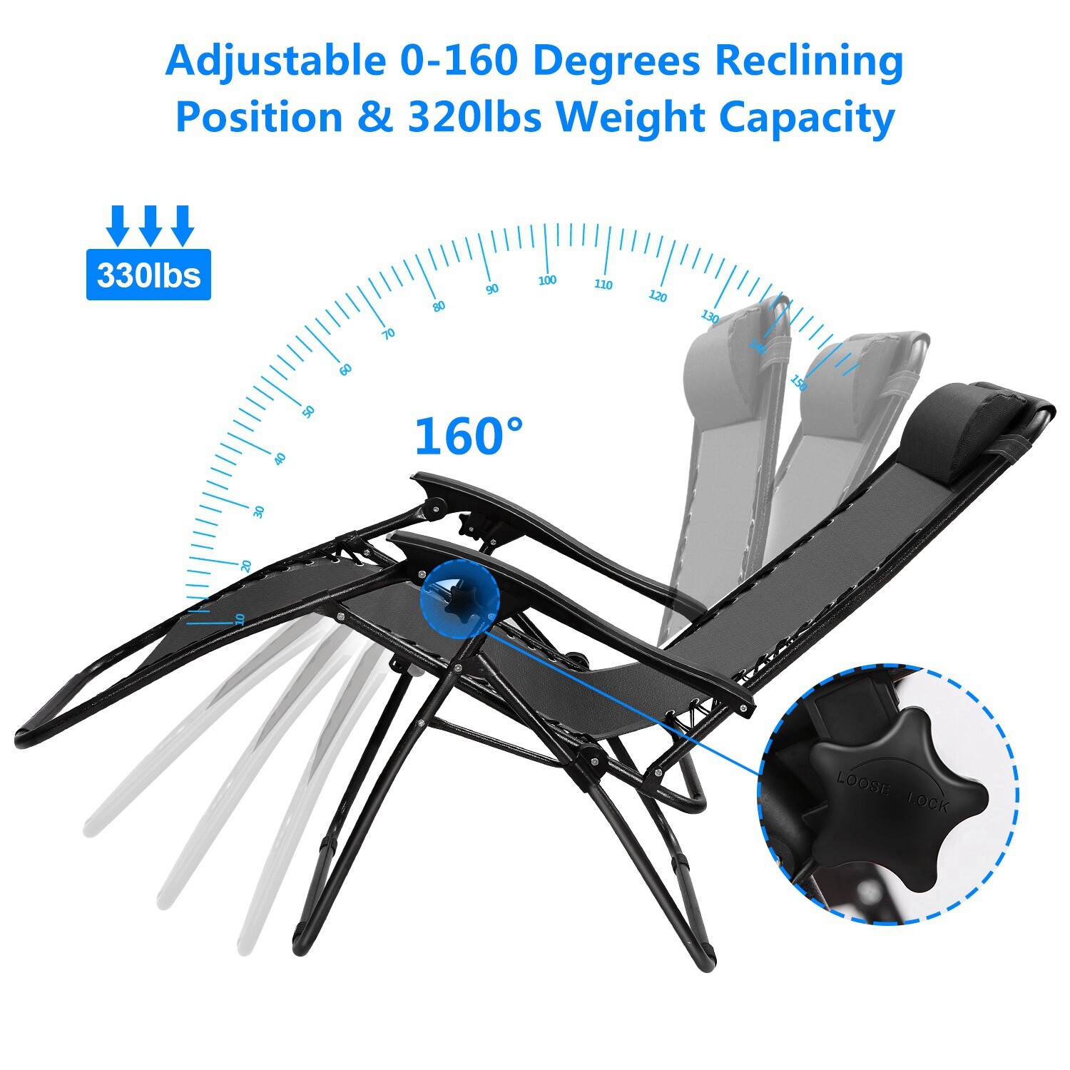 2 Sets Gravity Chairs Folding Patio Lounge Beach Outdoor Recliner with Side Tray