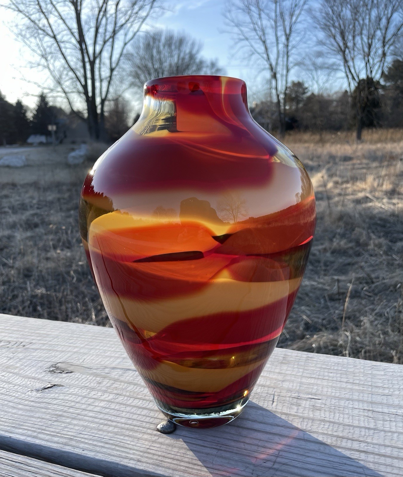 Waterford Evolution “Red Sea” Crystal Amphora Art Glass Vase, swirl design