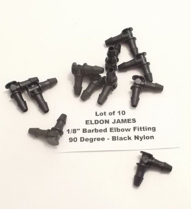 Lot of 10 ELDON JAMES 1/8" Barbed Elbow Fittings - 90 Degree - Black Nylon -