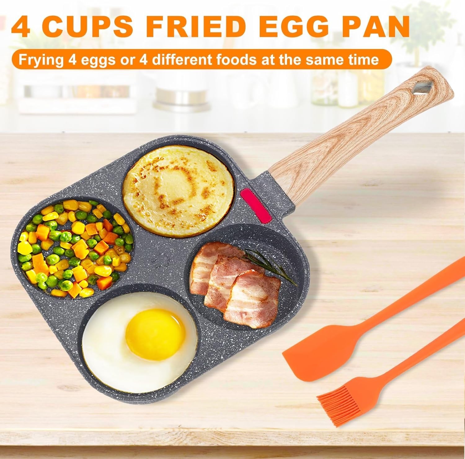4 Hole Cup Egg Hamburger Pancake Maker Non-Stick Frying Pan with Wooden Handle