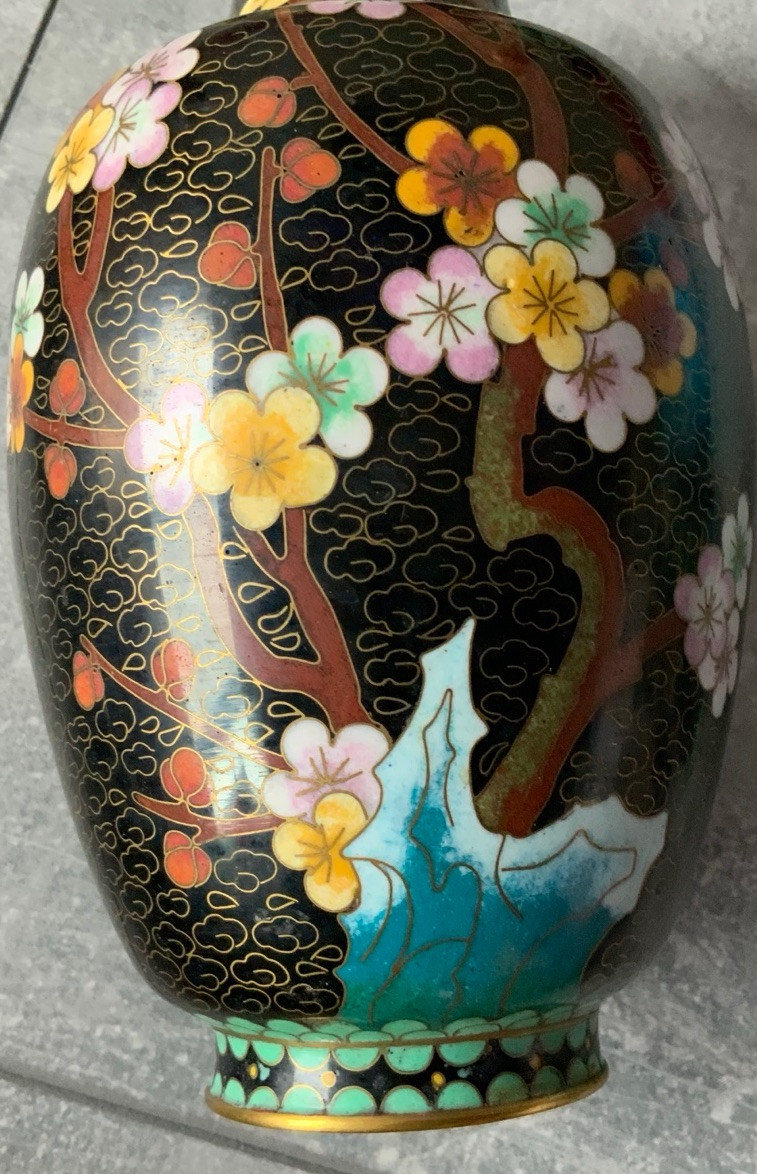 Lot Of 4 CLOISONNE Noir Enamel On Brass Variety Shapes Vases Vintage & Antique