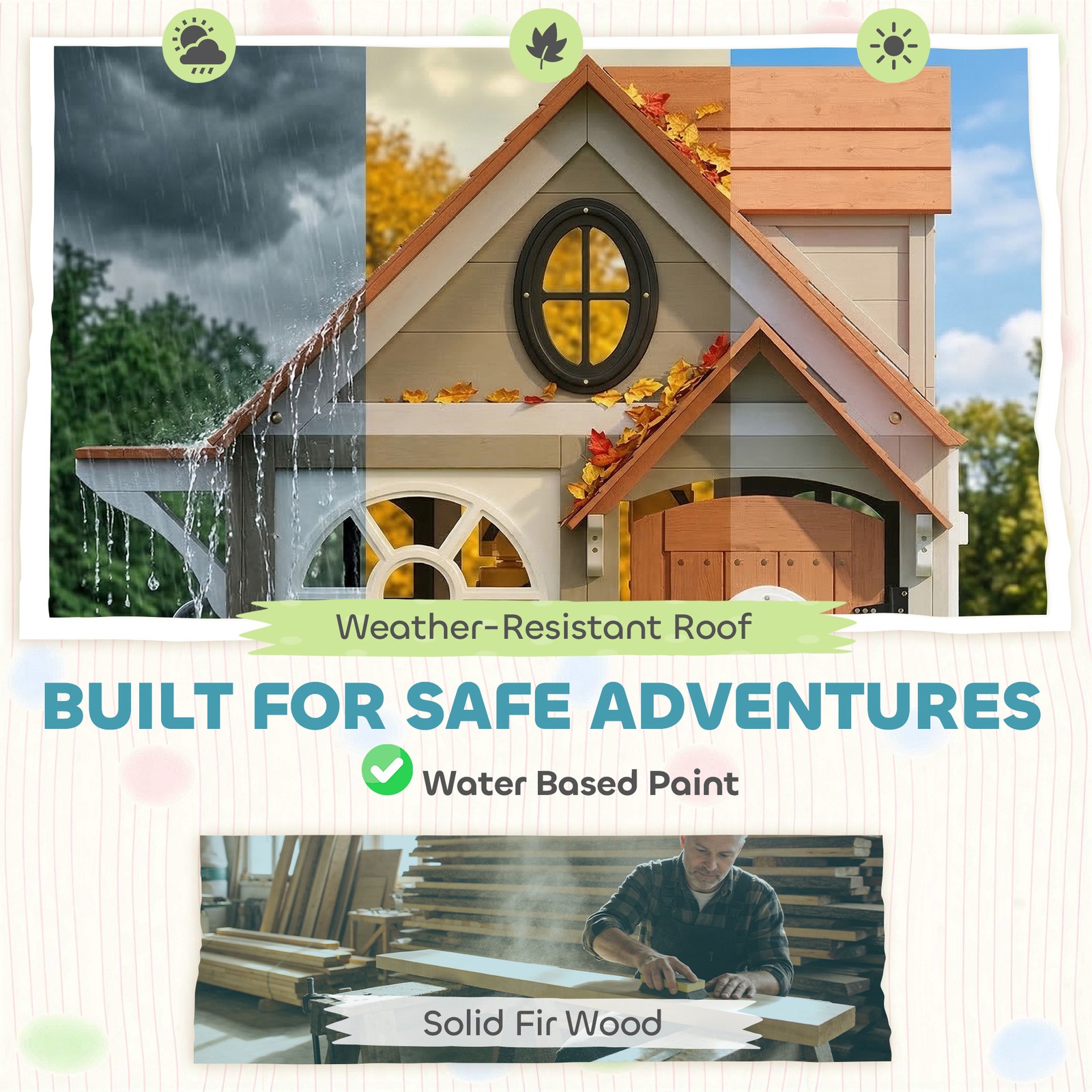 Qaba Outdoor Wooden Playhouse with Dog Door, Cookware, Blackboard, Clock