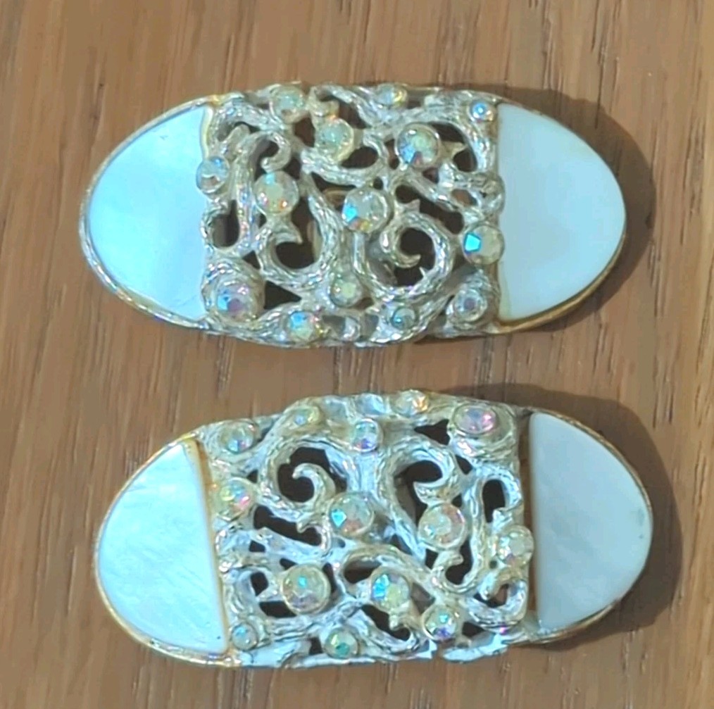 Vintage Musi Rhinestone Shoe Clips Silver Amber Oval Intricate Scrolling