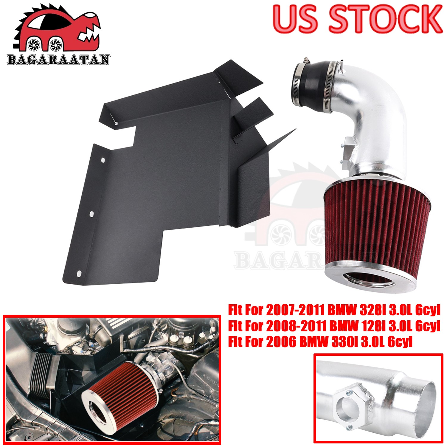 For BMW 128i 328i 07-11 / 330i 2006 3.0L Cold Air Intake System Kit +Heat Shield