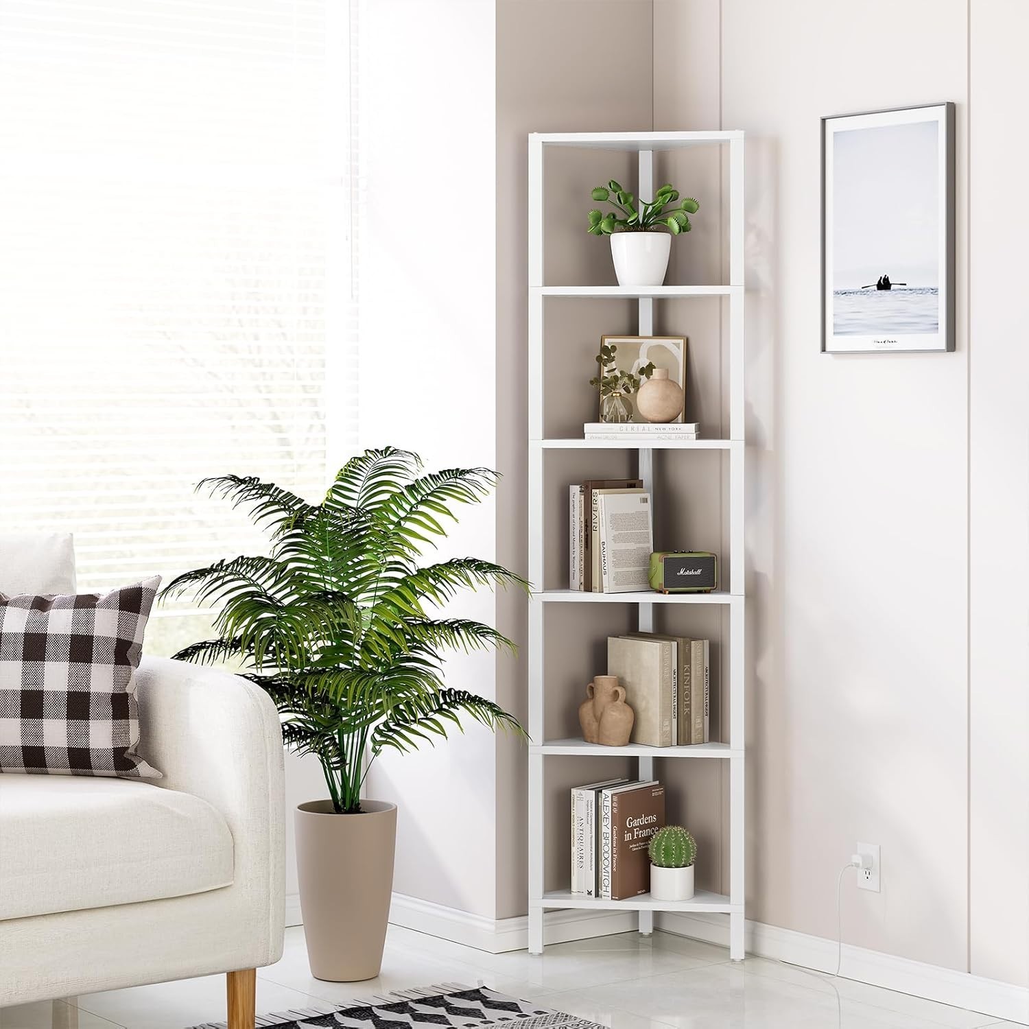 Estantería esquinera de 6 niveles con luz LED, ideal para espacios reducidos, co