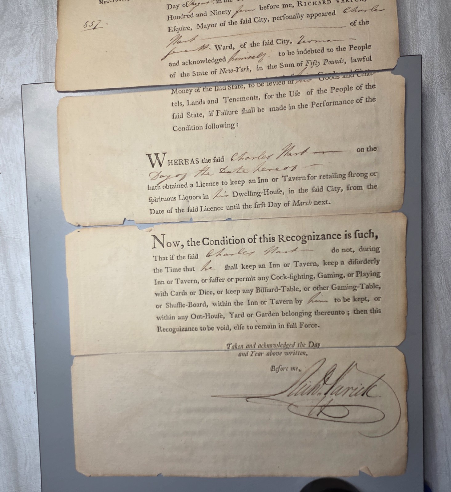 1794 Richard Varick Signed New York Tavern License Revolutionary War Officer