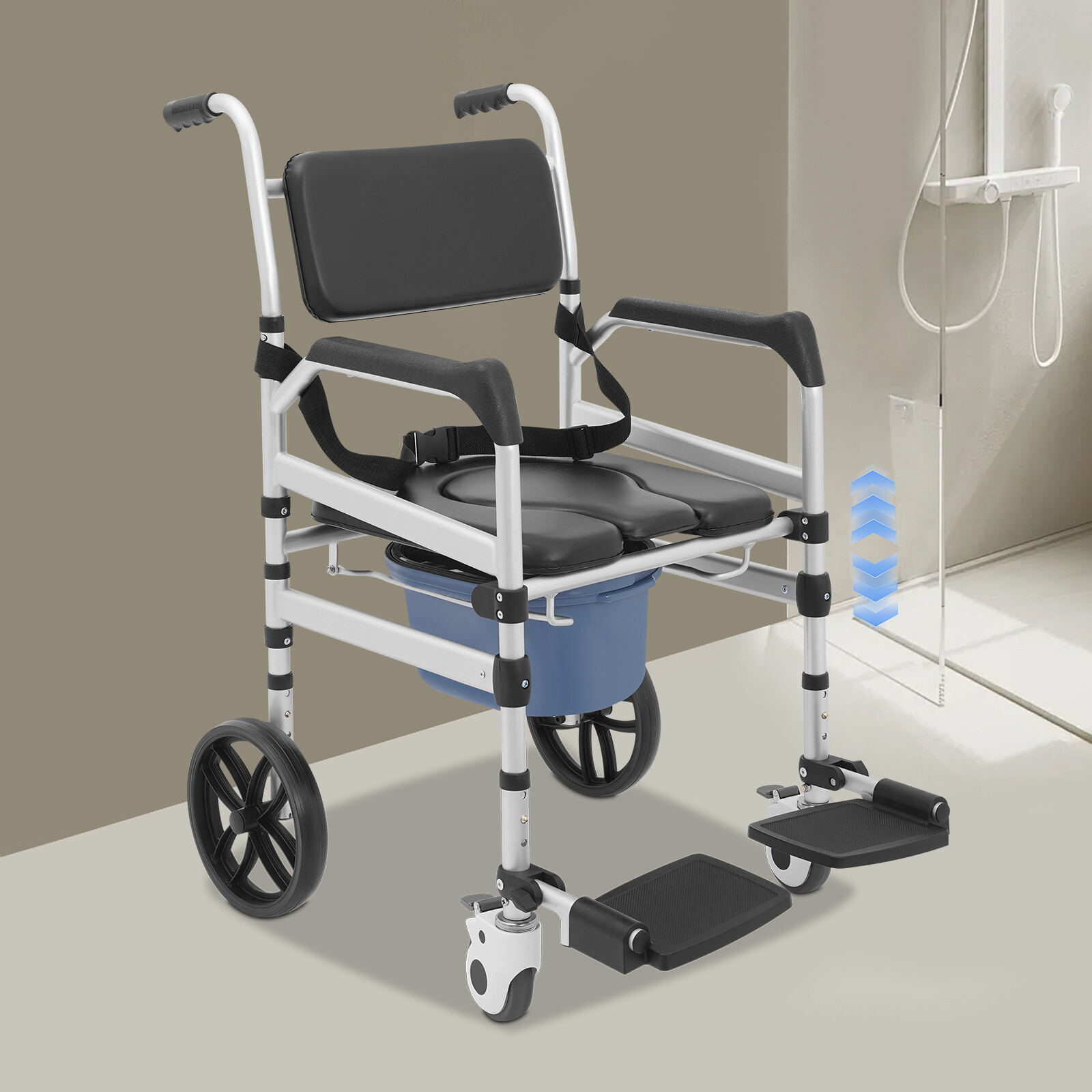 Foldable Shower Rolling Chair Adjustable Seat Folding Bath Wheelchair w/ Wheels