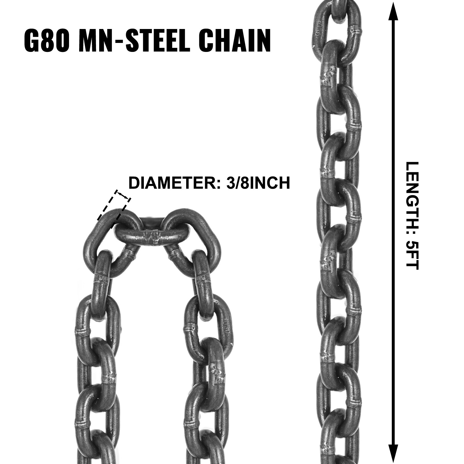 VEVOR 5FT Chain Sling 3/8"x5' Double Legs w/ Grab Hooks 4T/8800lb Capacity G80
