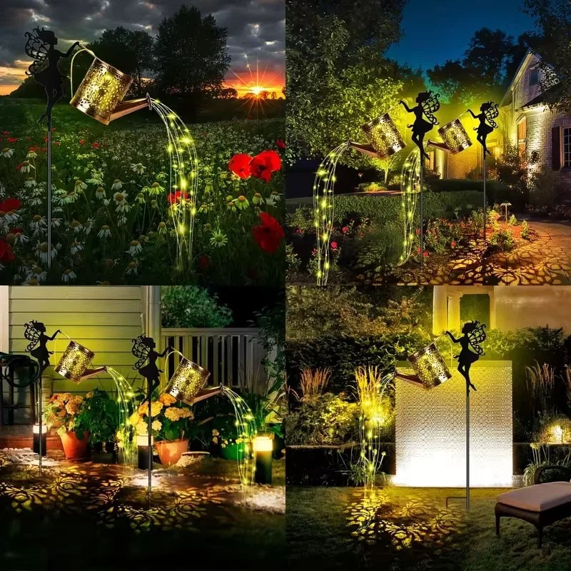 LED Solar Watering Can Lights Waterproof Garden Deco Metal Outdoor Light