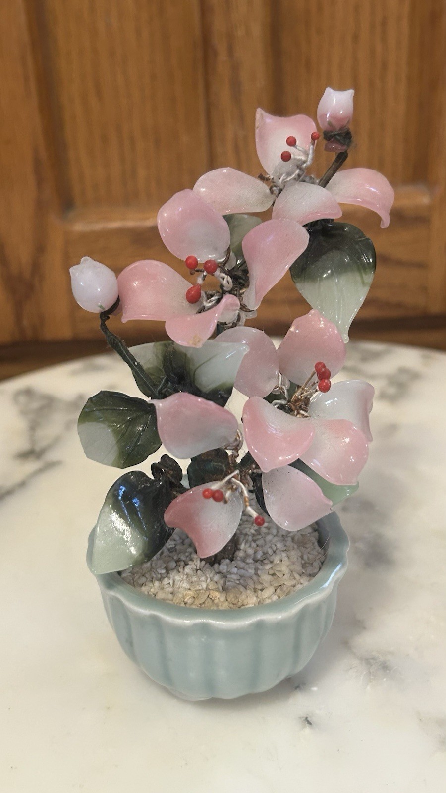 VTG Chinese Jade Glass Leaves Pink Cherry Flowers Bonsai Tree Green Celadon Pot