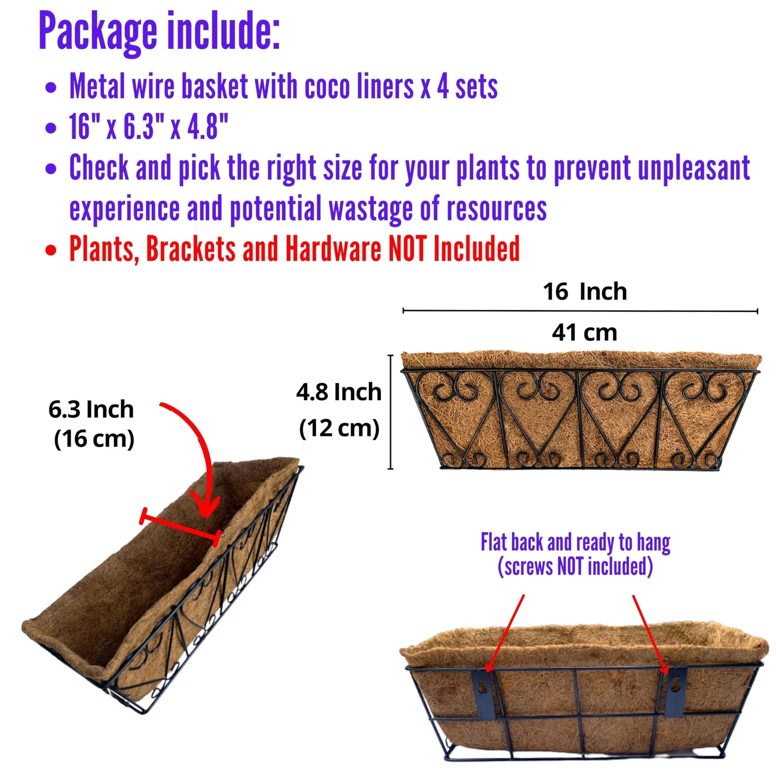 LaLaGreen Wal Planters - 4 Pack, 16 Inch Deck Railing Hanging Basket, Window ...