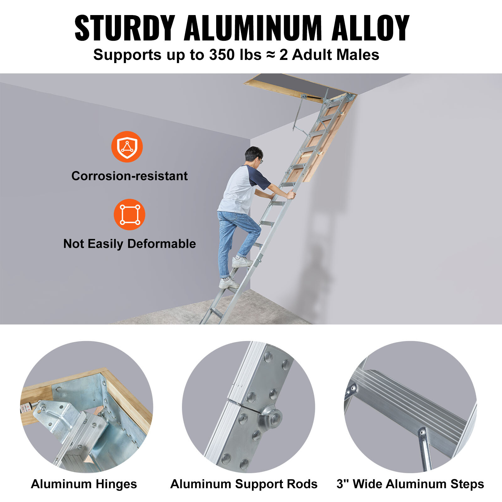 VEVOR Folding Attic Ladder Aluminum Adjustable Portable Loft Stairs Ceiling