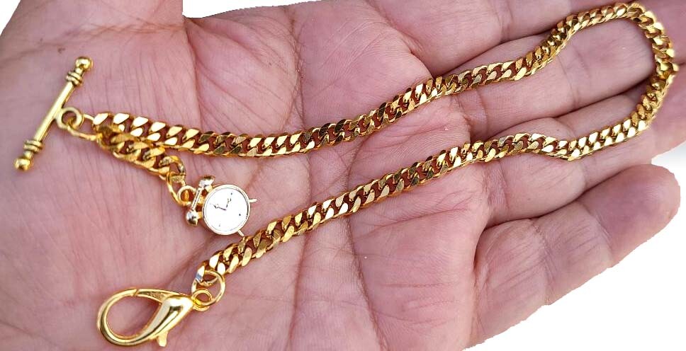 Gold Plated Pocket Watch Chain With T-Bar End and Ornate Fob