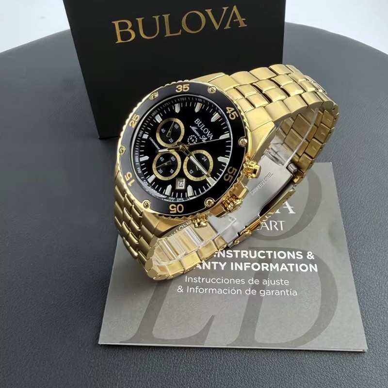 Men Bulova Marine Star Black/Gold Dial Chronograph 98B406 Quartz Watch 41.5mm
