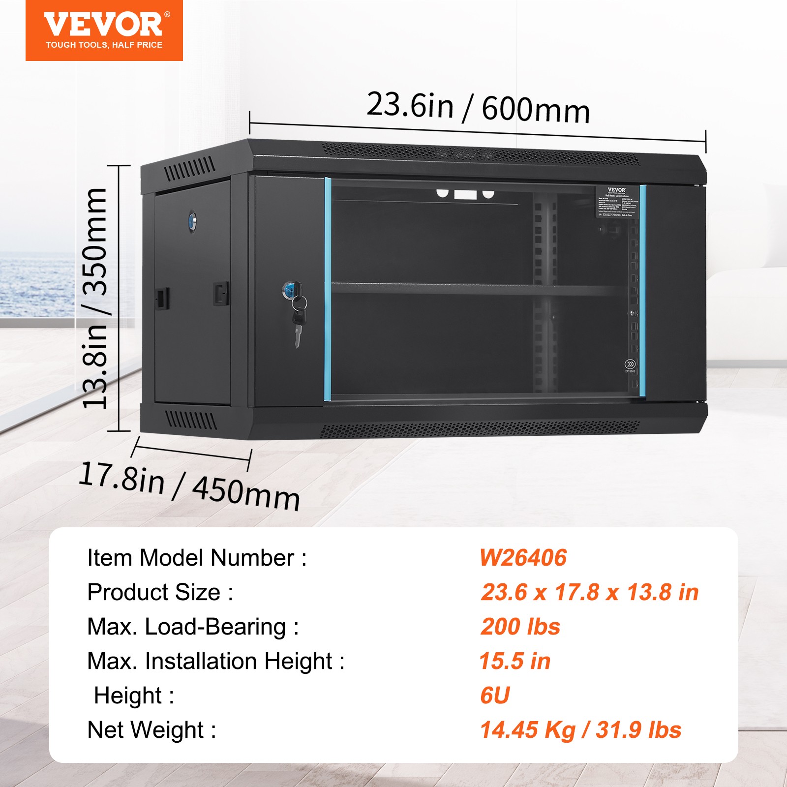 VEVOR 6U Wall Mount Network Server Rack Cabinet Enclosure 15.5'' Deep Door Lock