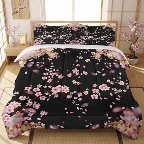 Size Comforter Set with 2 Pillowcases, Spring Pink Tree Cherry Queen Multi 7