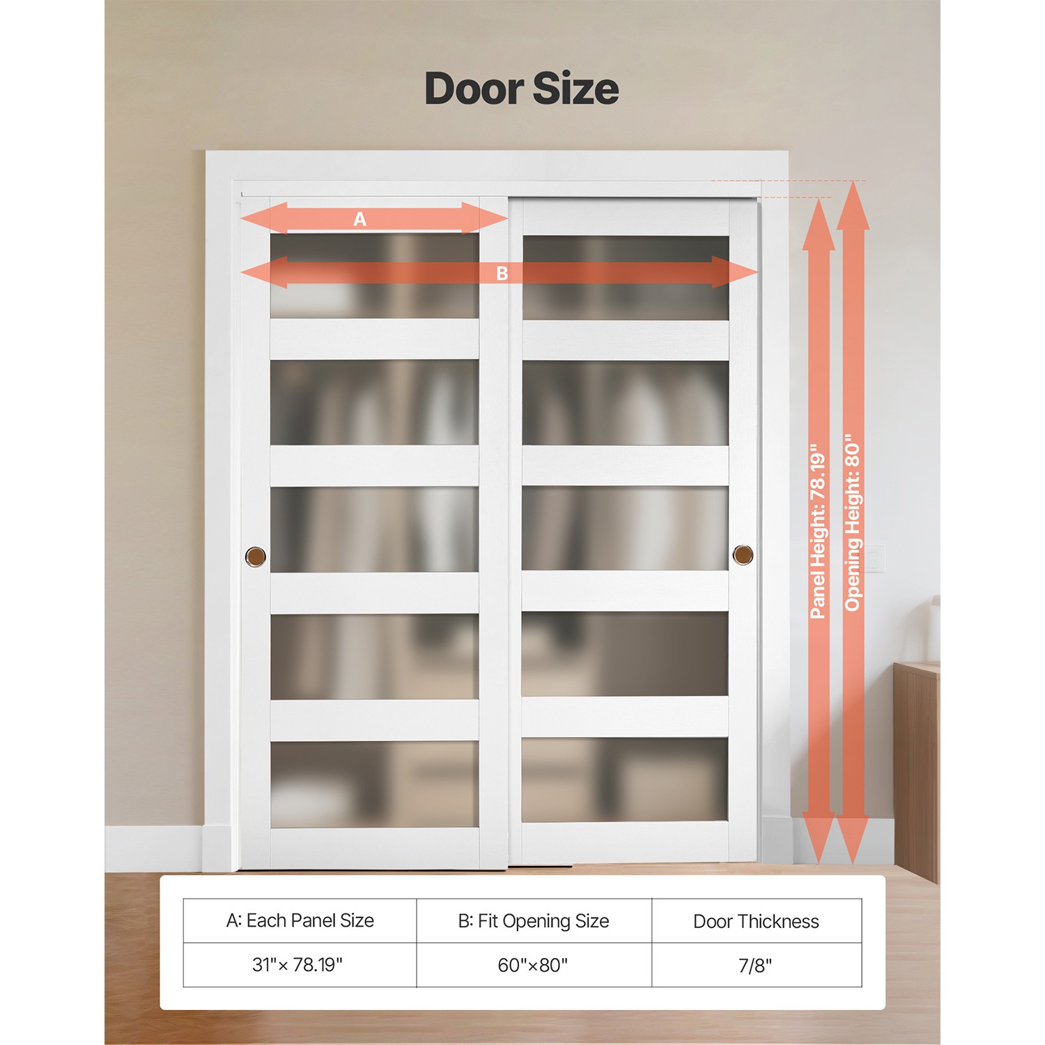 Uimoso Sliding Closet Door 60"(Double 31") x 80" Frosted Glass Bypass Design