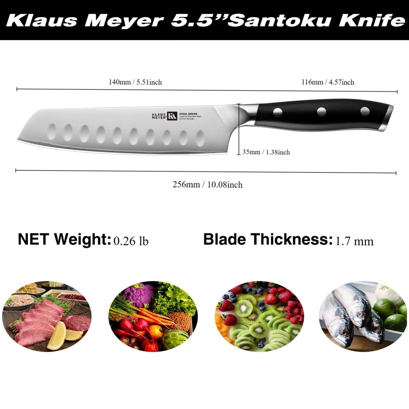 Klaus Meyer Stahl High Carbon Steel 5.5 inch Santoku Kitchen Chef Knife