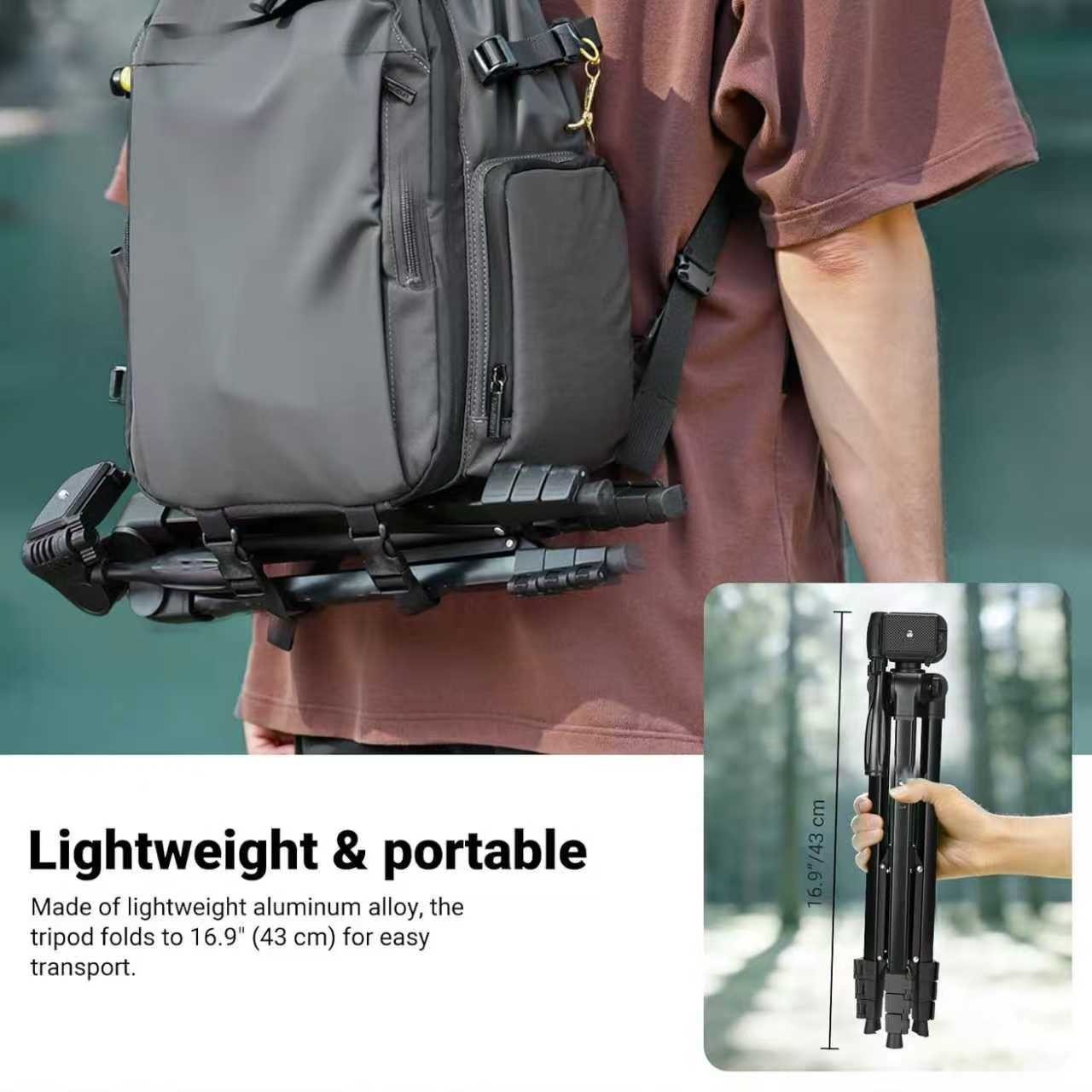 Adjustable Phone & Camera Tripod w/Built-in Level, Portable Metal Travel Stand