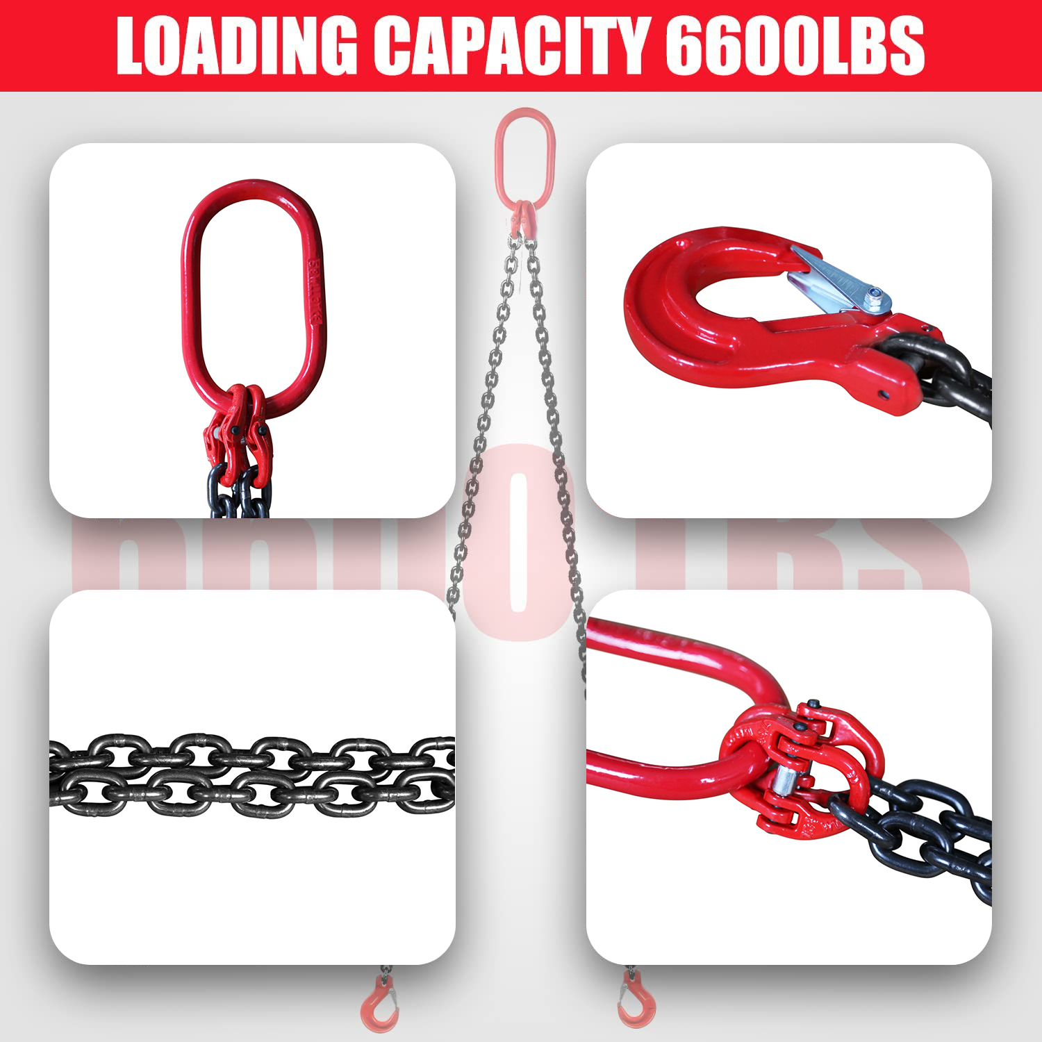 One 5/16" x 6' G80 Chain Lifting Sling 2 Legs 3T/6600lbs Capacity w/Grab Hooks