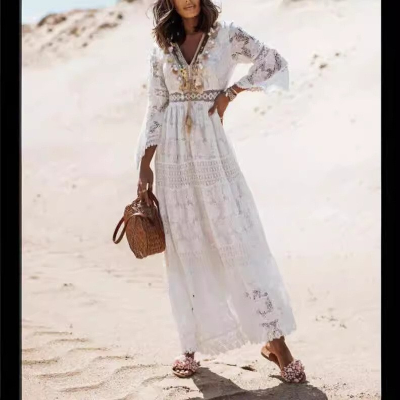 Women's Boho Maxi Lace V Neck Flare Sleeve Dress Summer Party Beach Sundress