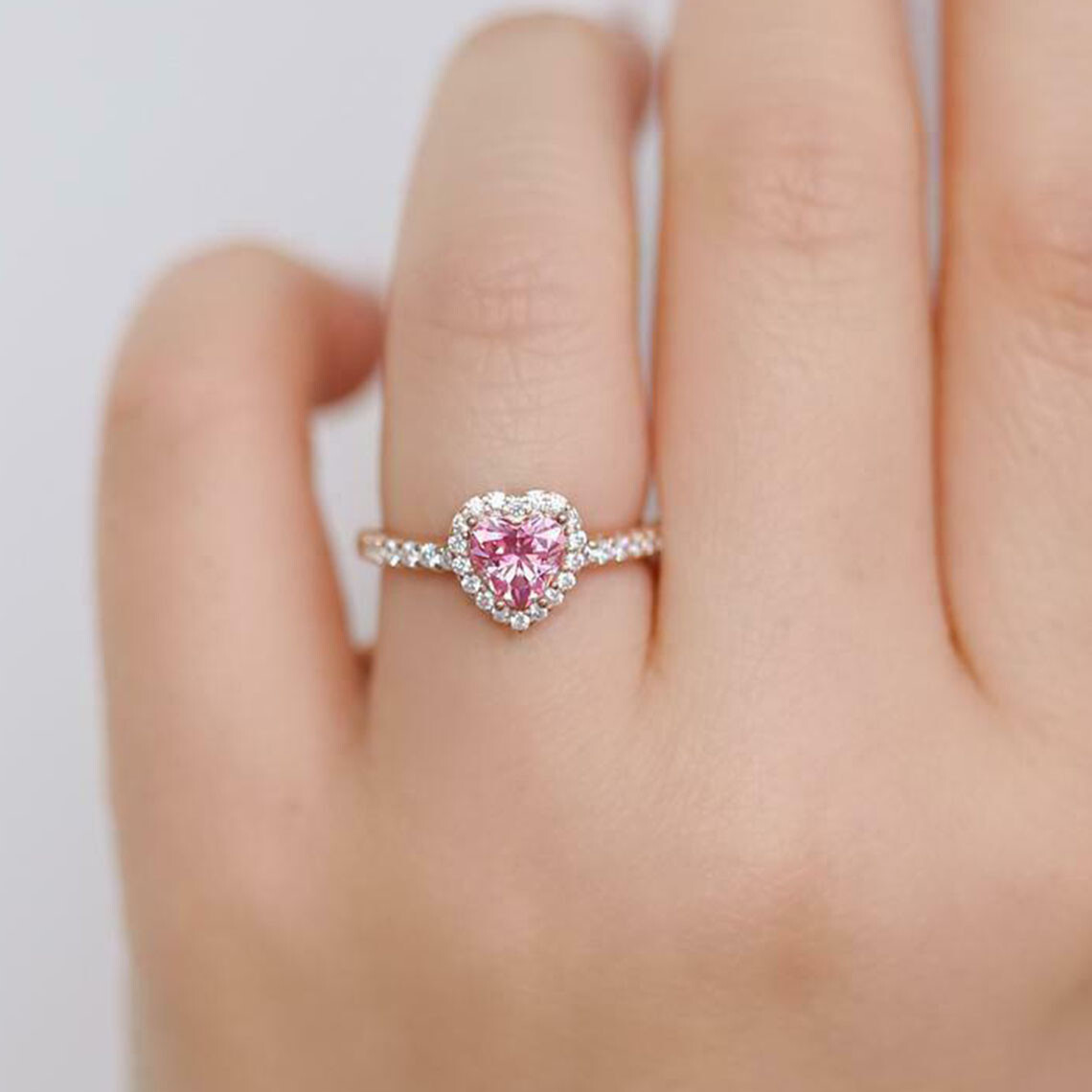 2 Ct Heart Cut Pink Lab Created Diamond Wedding Halo Ring 14K Rose Gold Finish