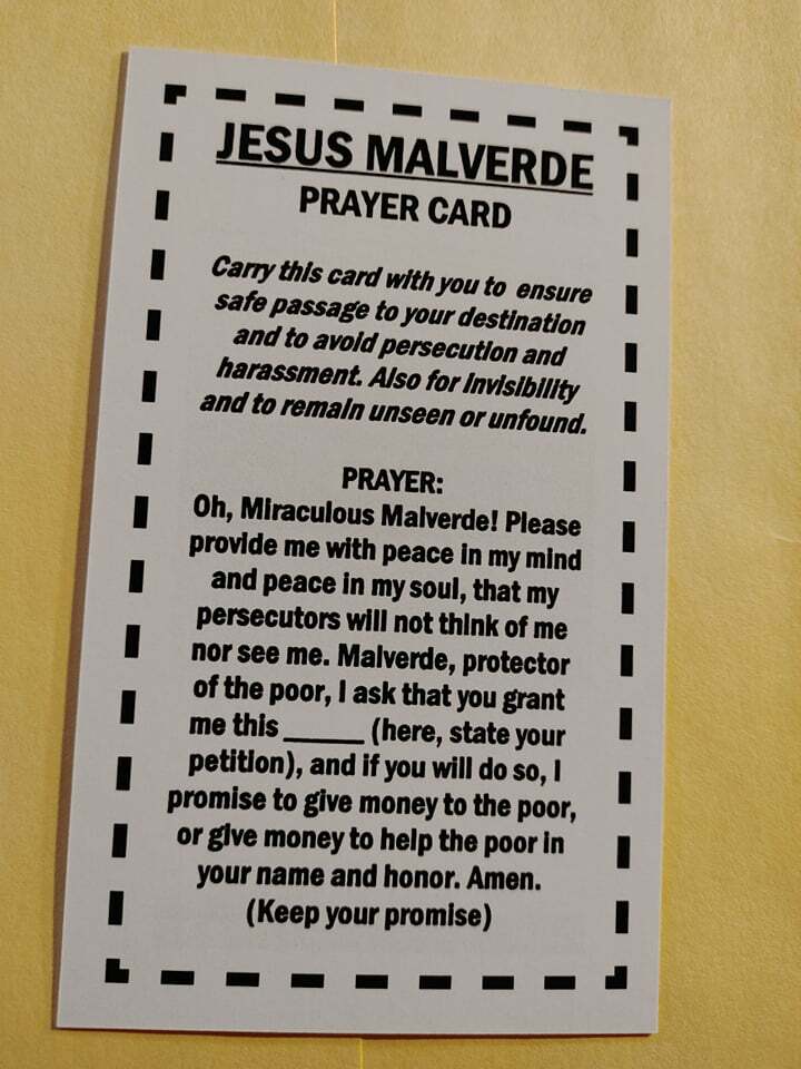 JESUS MALVERDE prayer card with special prayer on back - Sinaloa Folk Saint